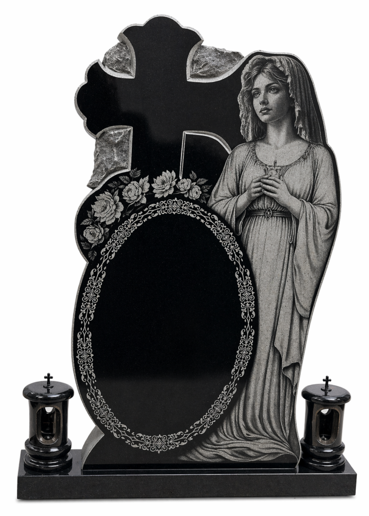 Monument funerar granit negru model modern cu cruce si gravura detaliata